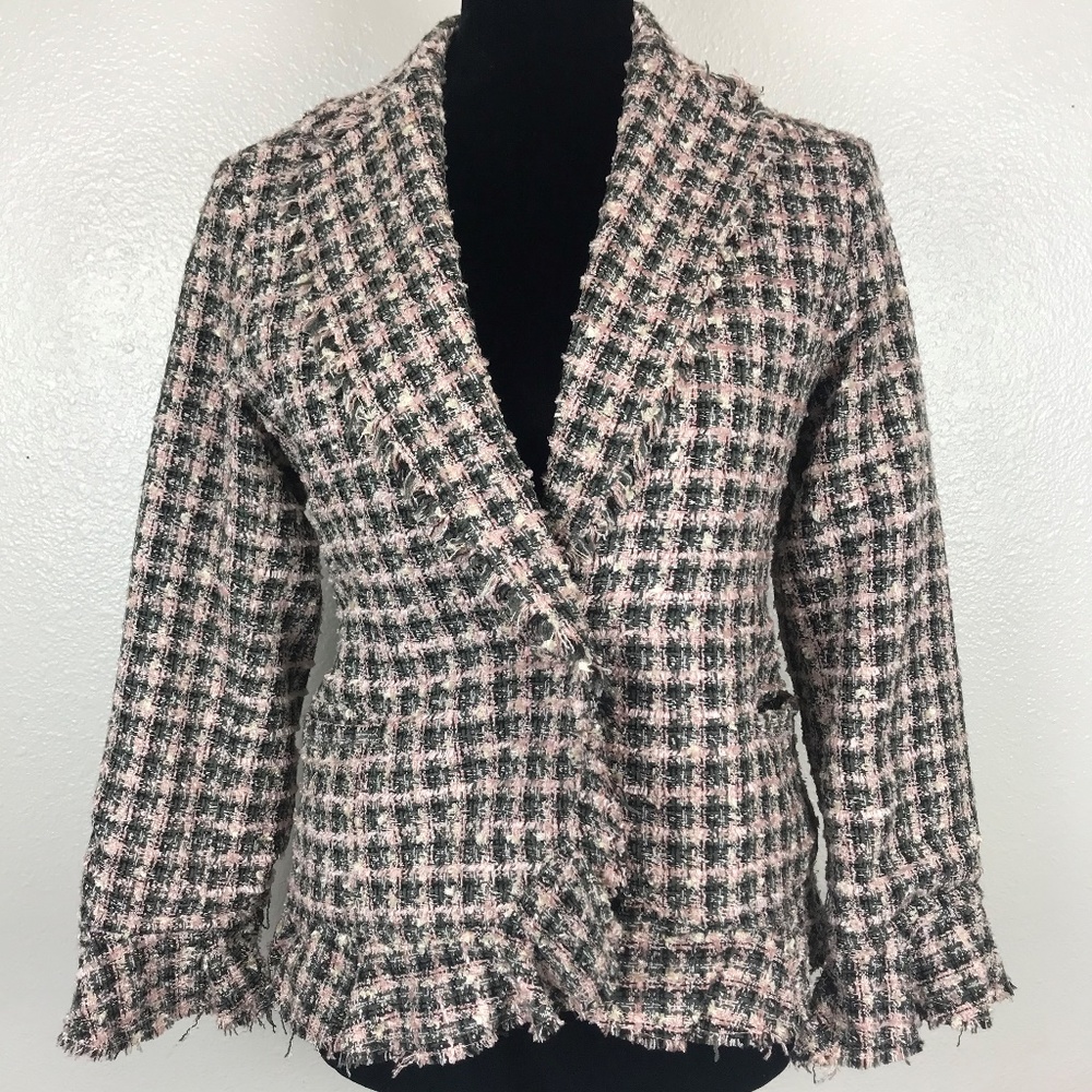 Boston Proper Tweed Frayed Gray‎ & Pink Jacket Sz M